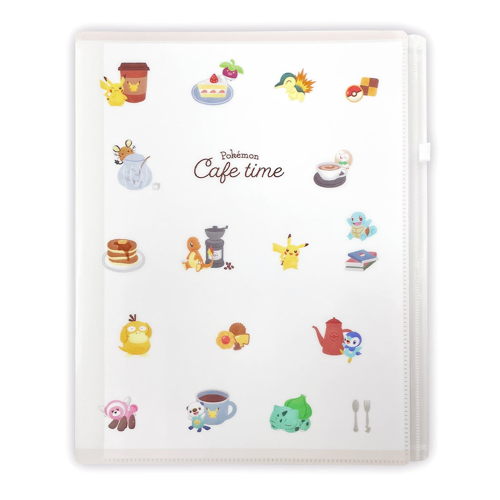 Pokemon CAFE TIME File Holder with zipper from Japan, clear 6-pocket design