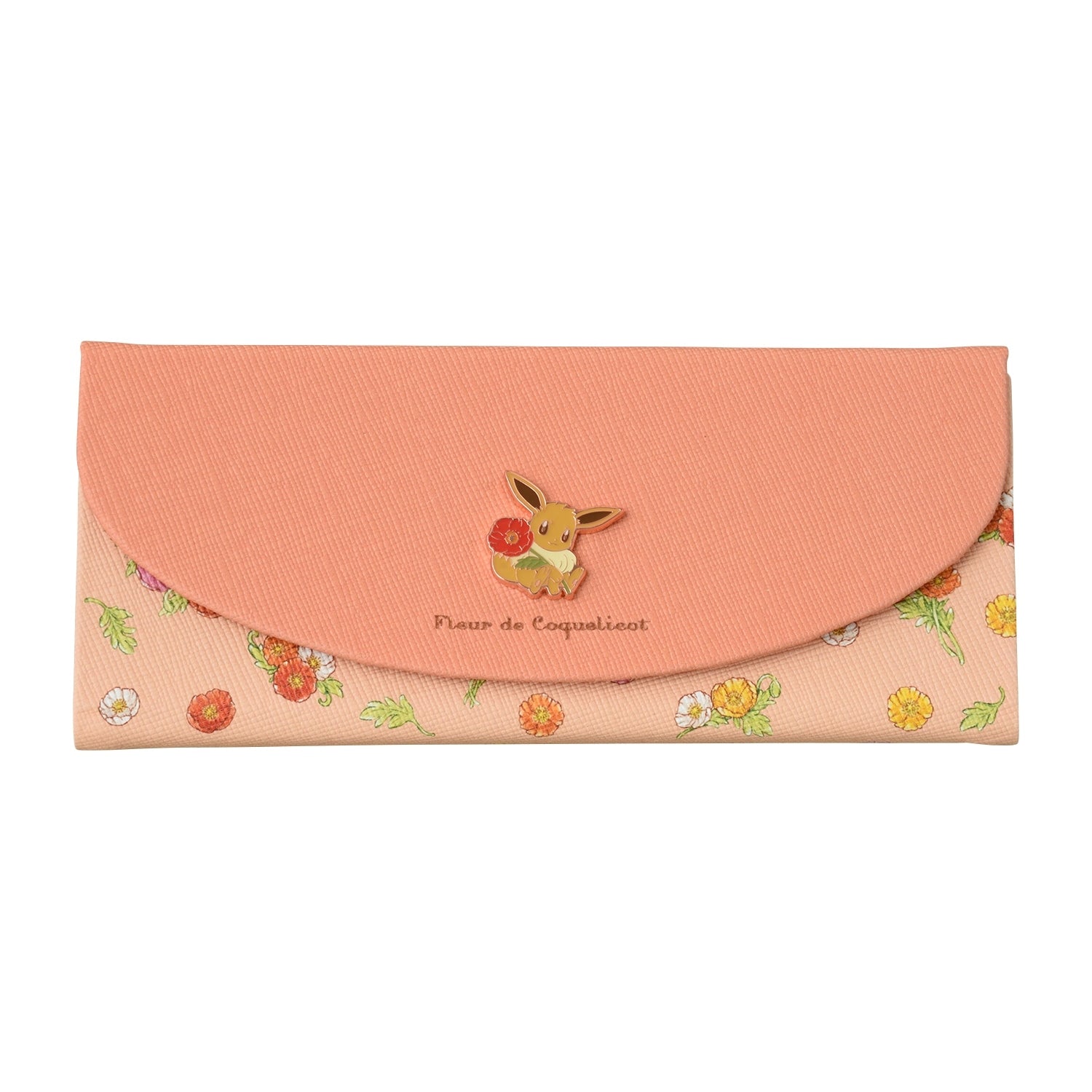 Close-up of Fleur de Coquelicot pattern on Pokemon glasses case, made in Japan