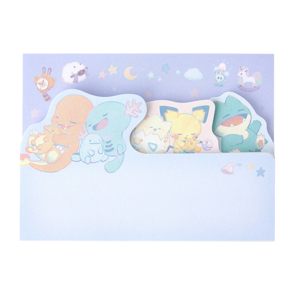 Close-up of die-cut block sticky notes with Pokemon designs, made in Japan