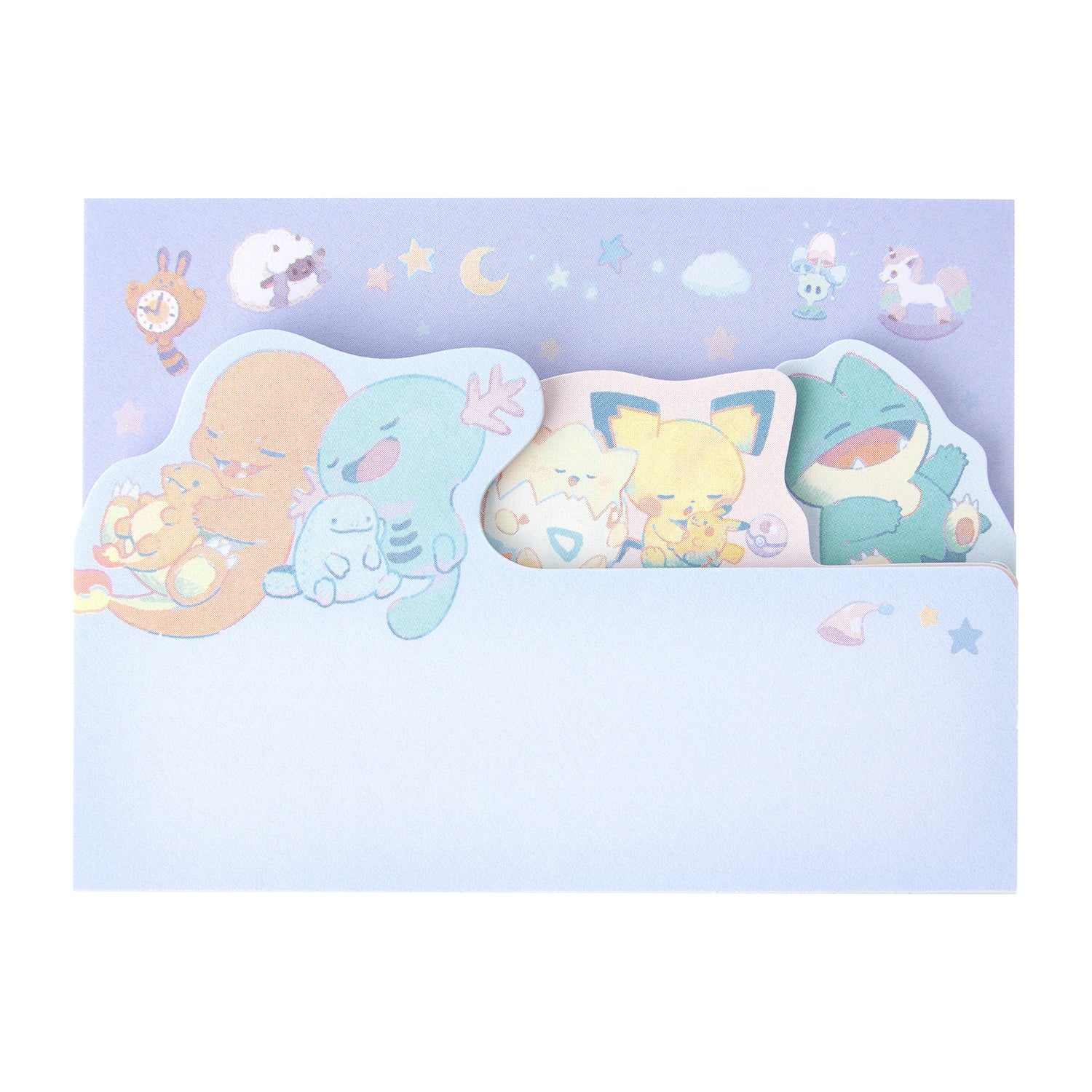 Close-up of die-cut block sticky notes with Pokemon designs, made in Japan
