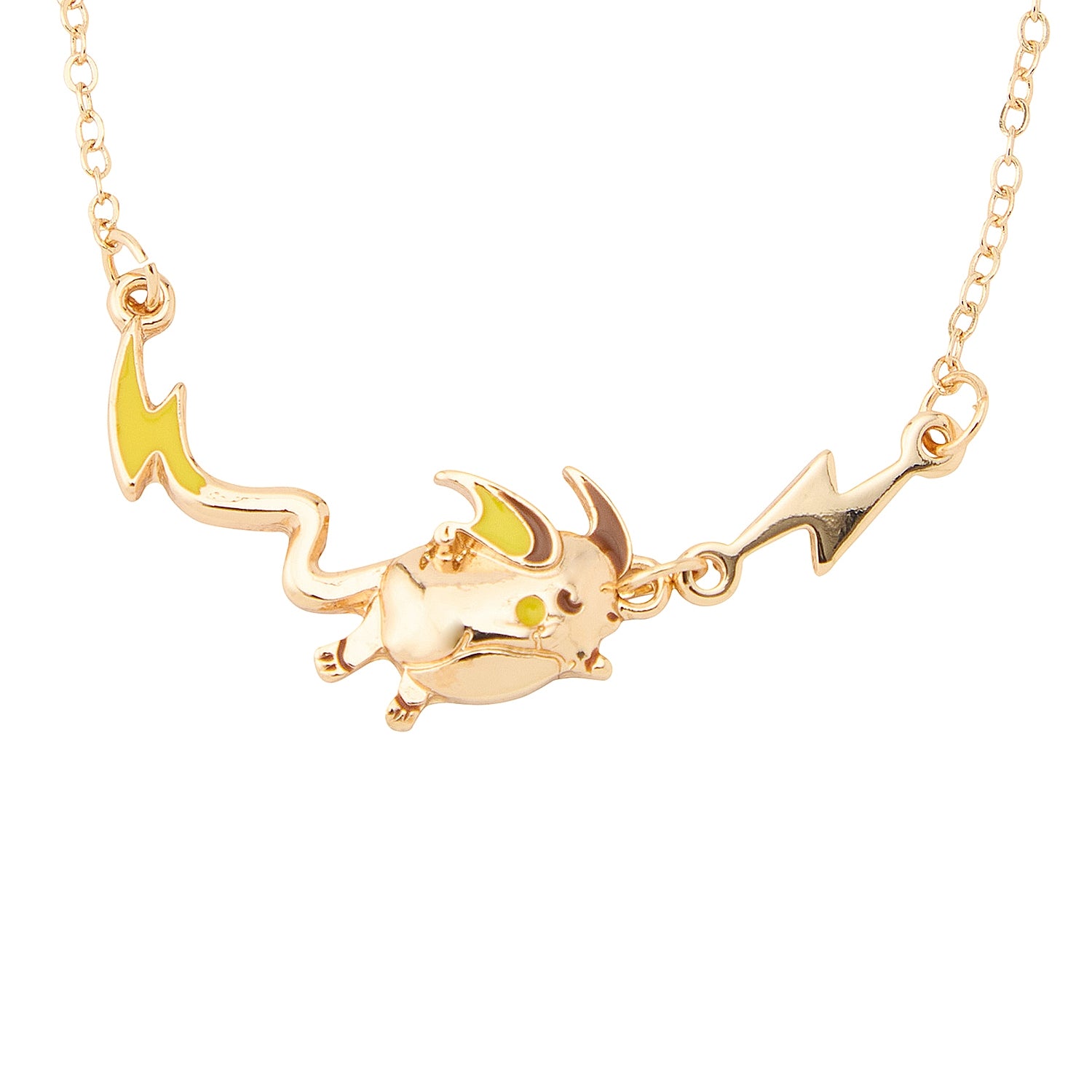 Close-up of Raichu necklace with chain and pendant, made in Japan