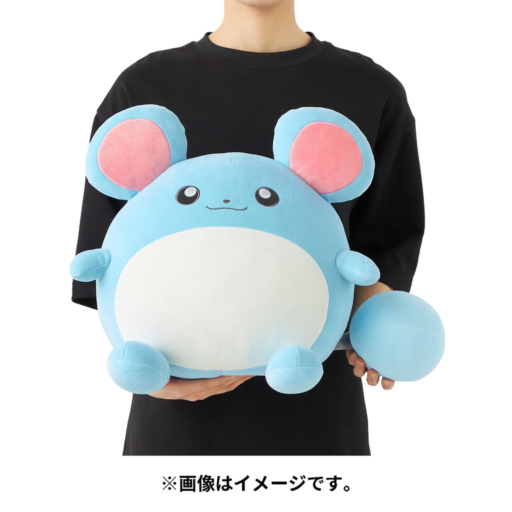 Close-up of Mocchirich Plush Marill's face, showcasing Japanese craftsmanship