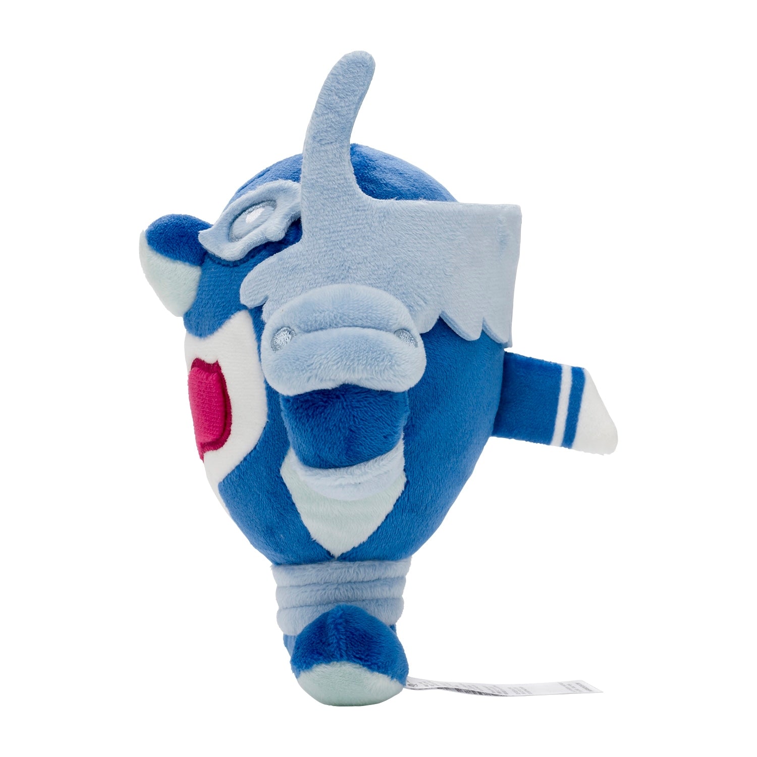 Close-up of Dolphin Man Mighty Form plushie face, Japan-made quality