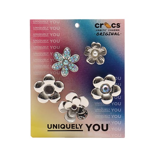 Crocs Monochrome Slvr Flwrs 5 Pack from Japan, silver flowers design
