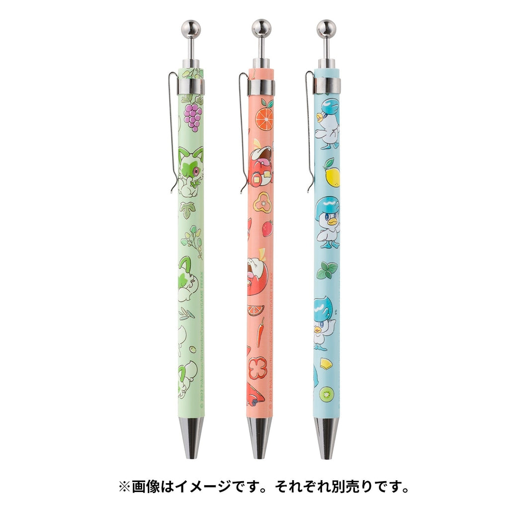 Close-up of Sprigatito's face on the ballpoint pen, a unique Japanese collectible
