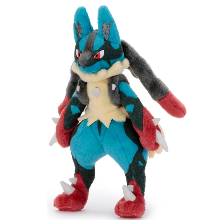 Pokemon Mega Lucario plush toy, front view with vibrant colors from Japan