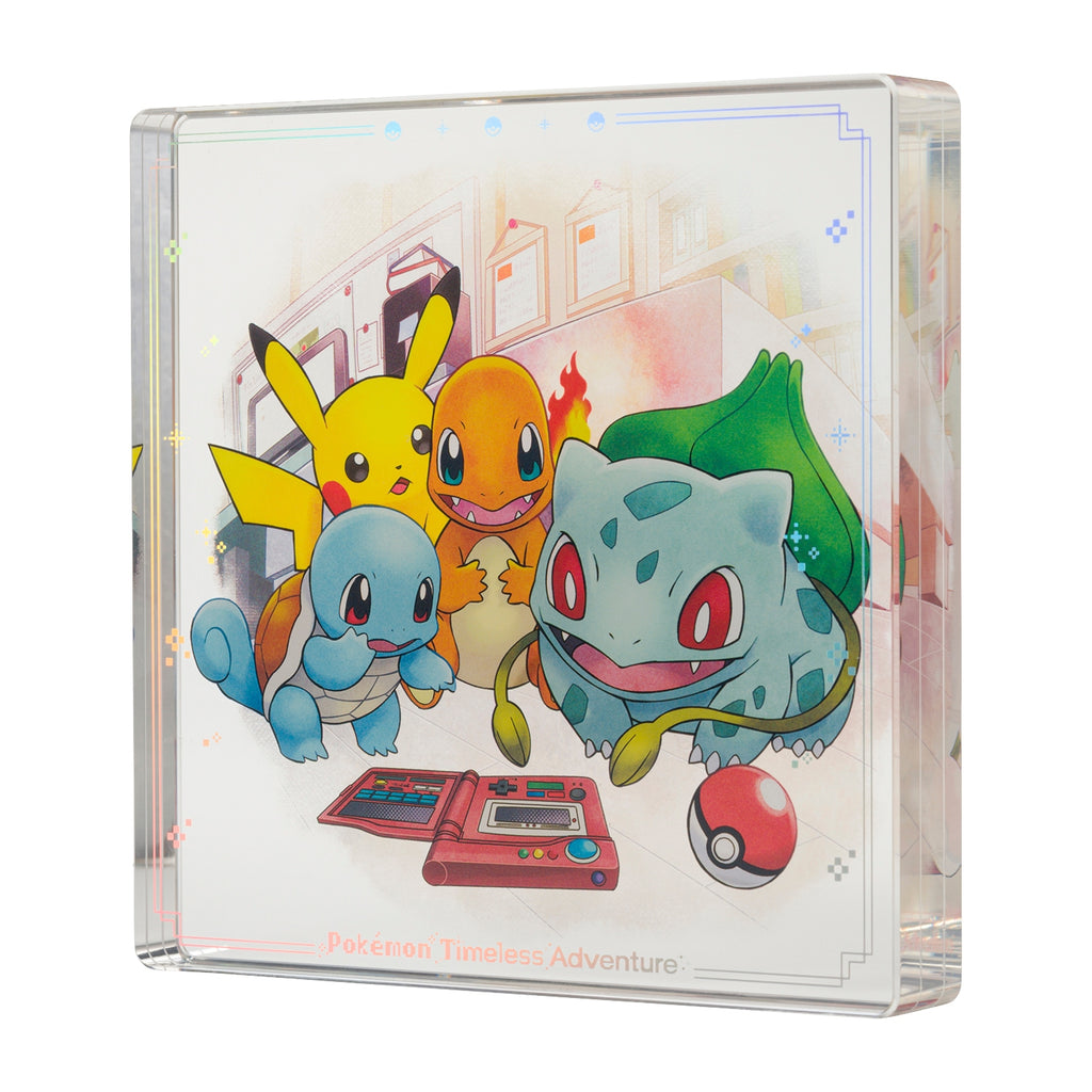 Pokémon Timeless Adventure Kanto Acrylic Block on display, highlighting its vibrant design from Japan
