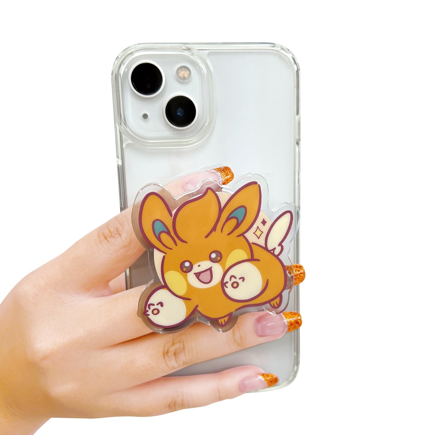 Close-up of Pawmi's face on the smartphone grip, made in Japan