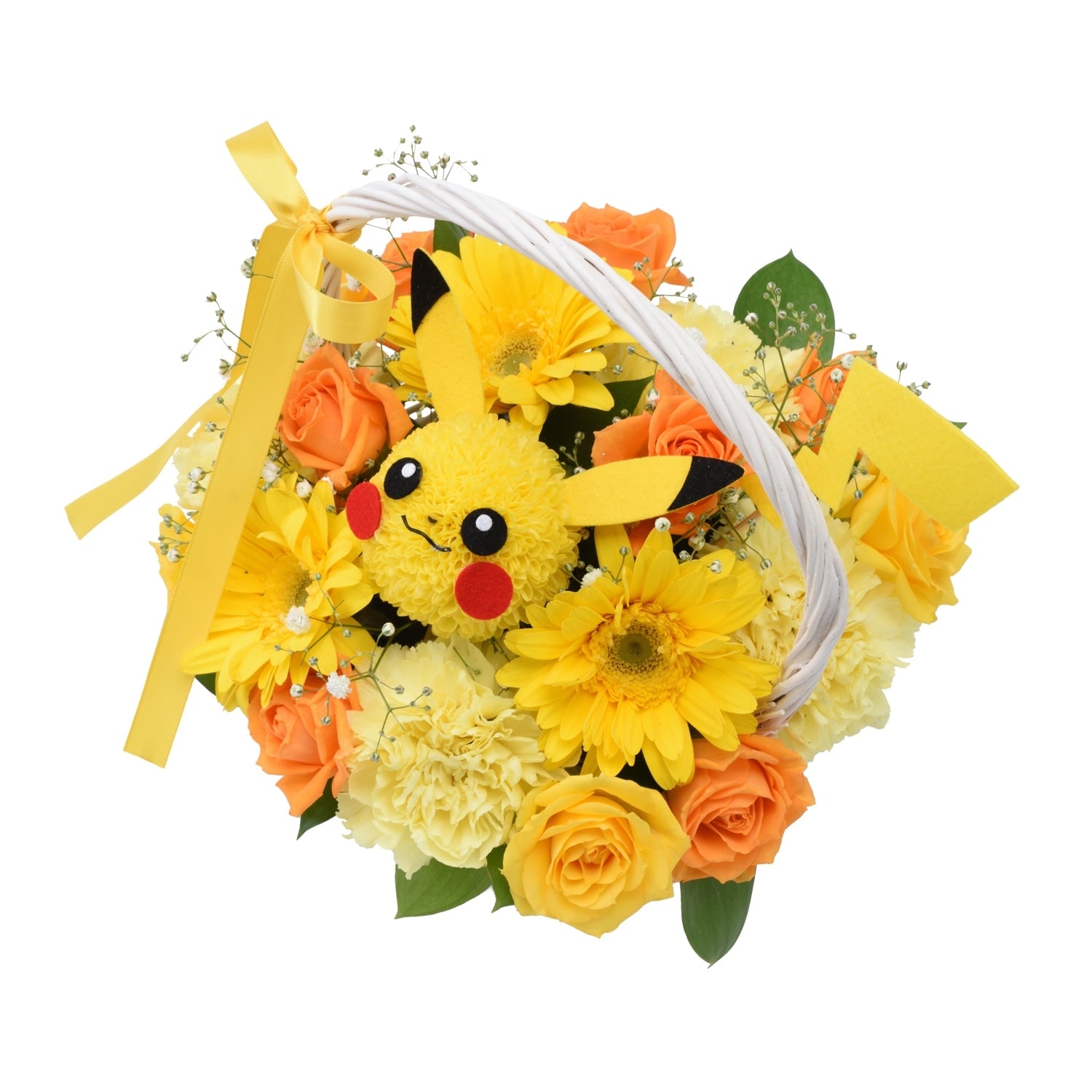 Close-up of Pikachu enamel pin in flower arrangement, sourced from Japan