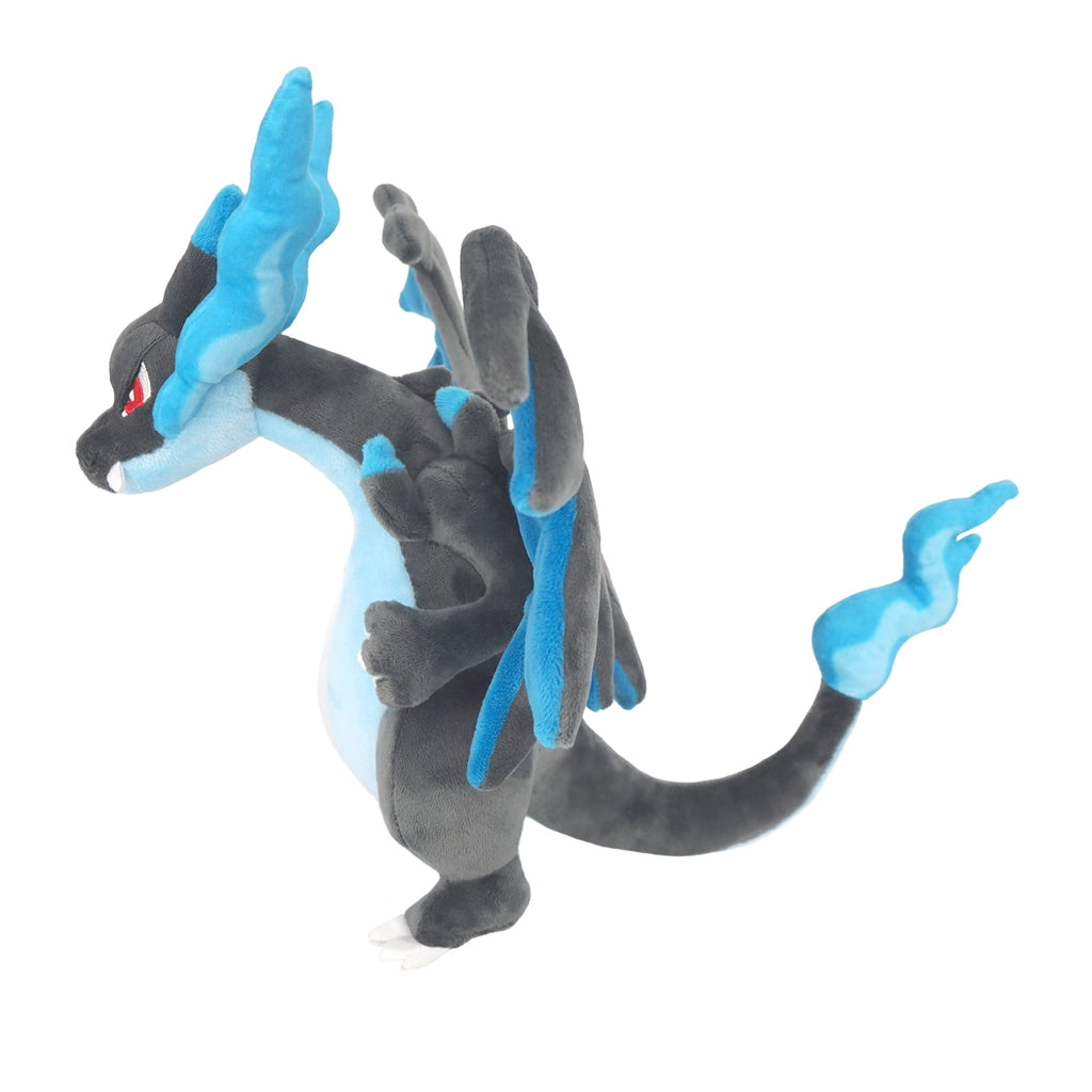 Mega Charizard X plush toy standing on a shelf, shipped from Japan