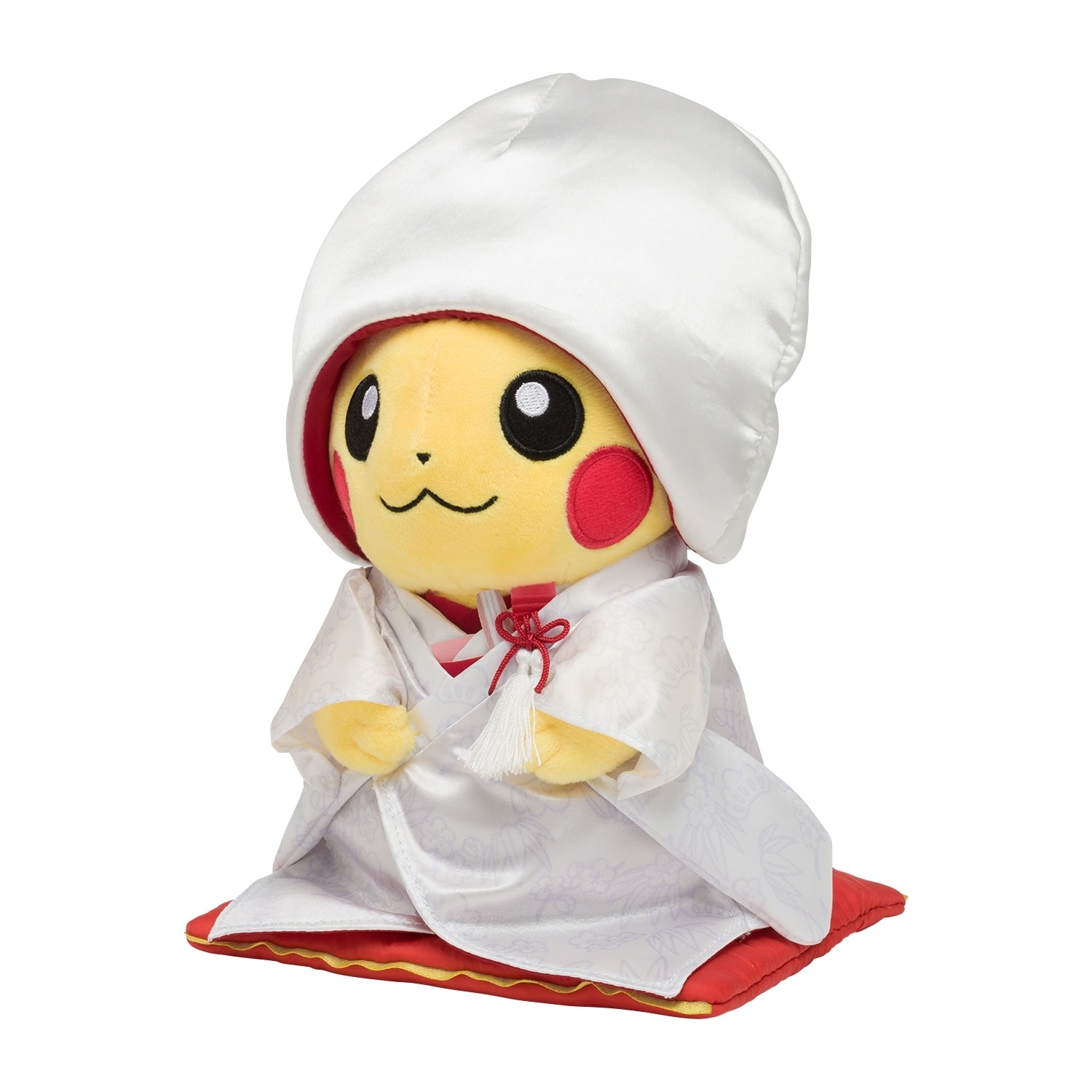 Japanese Pikachu plush toy with wedding hat and veil, authentic collectible