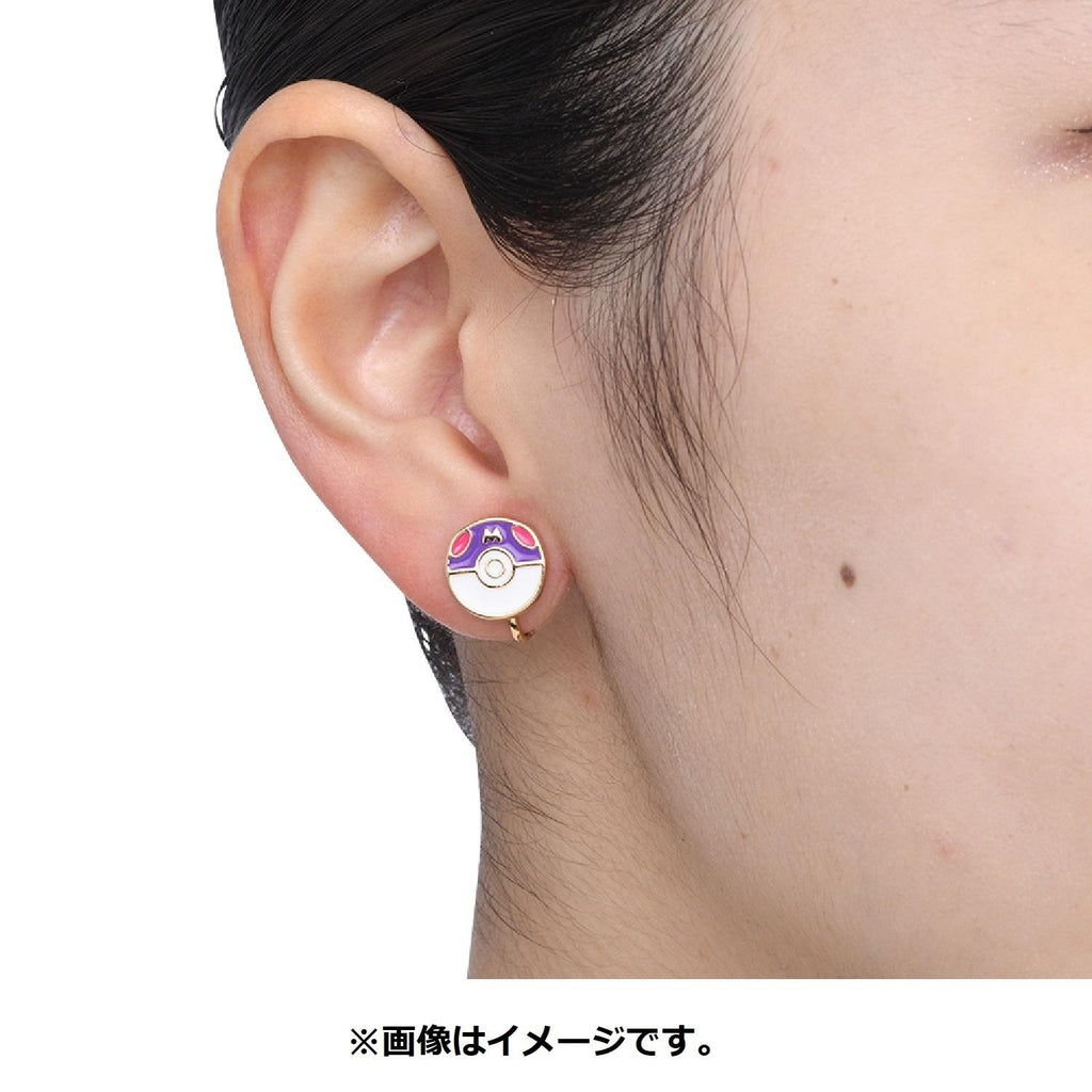 Pokémon Master Ball Earrings on ear with anime-style background from Japan