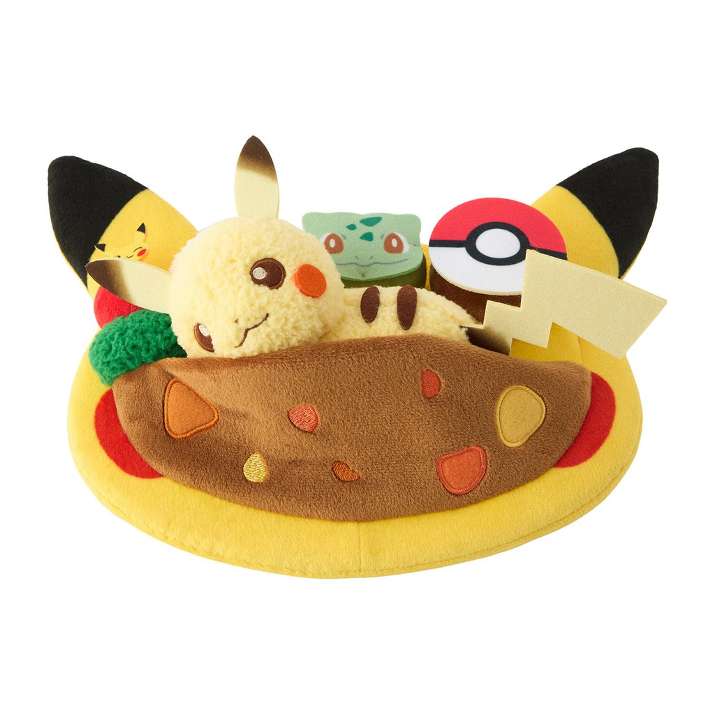 Japanese Pikachu plushie with unique cafe plate design, rare collectible