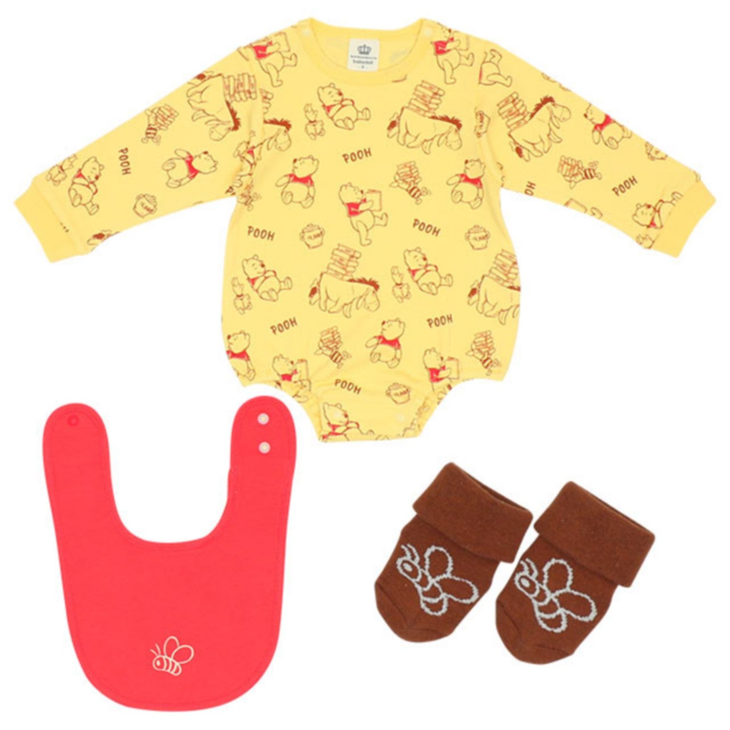 [Baby Doll] Pooh 3-piece gift set with gift box 8525B [DY] / 70-80cm Baby size baby baby gift gift present baby clothes long sleeve bodysuit socks (non-slip) bib (2 levels adjustable/reversible)