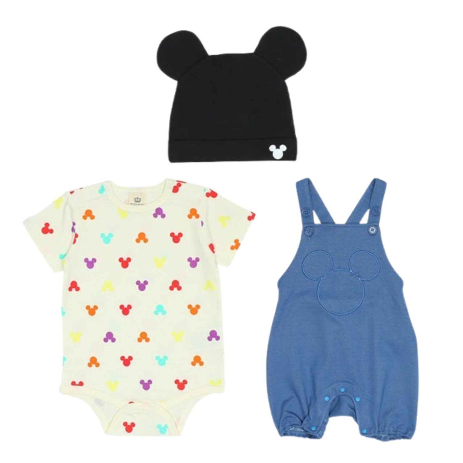 [Baby Doll] Mickey 3-piece gift set with gift box 9136B [DY] / 70-80cm Baby size Baby Baby gift Present Baby clothes Short sleeves Body suit Rompers Bottoms Overalls Hat Cap Coordination set 3D motif Ears