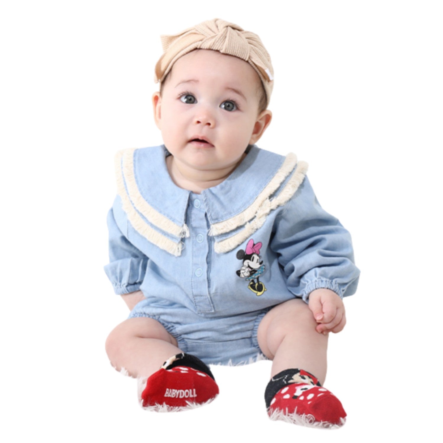[Baby Doll] Minnie Denim Baby Setup 0298B / 70-80cm Baby Link Coordination Matching Look Baby Shower Gift Present 100% Cotton Fringe Collar
