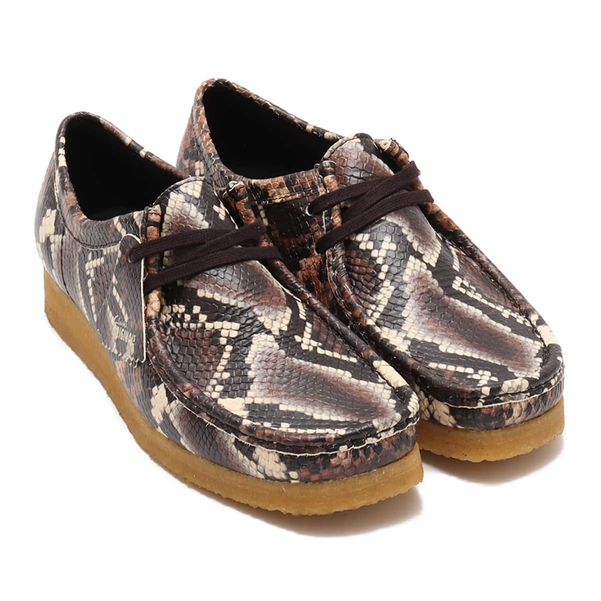 Clarks Wallabee Brown Snake Print Sneakers with unique print from Japan