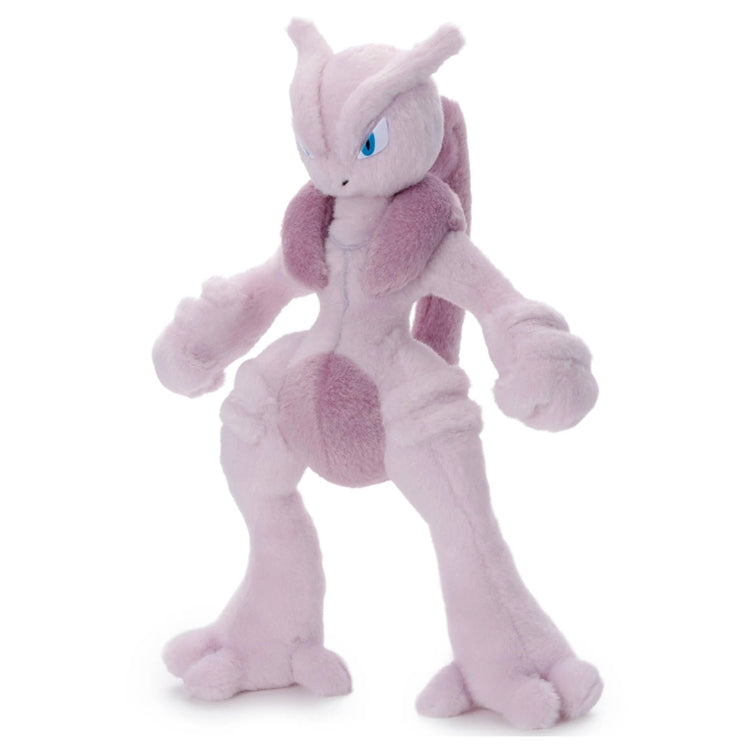 Authentic Japan Exclusive Mega Mewtwo X plush toy, front view with vibrant colors