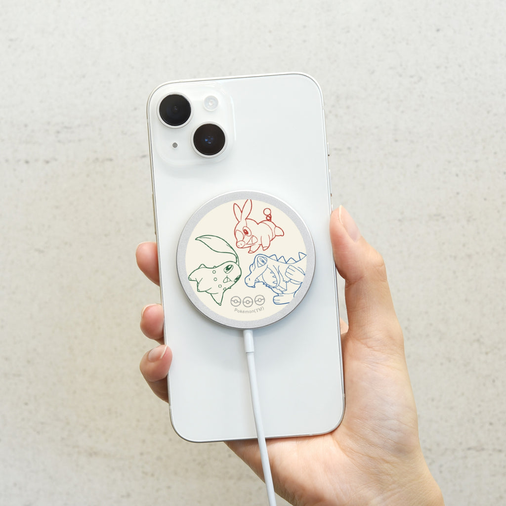 Close-up of Chikorita wireless charger with detailed Pokemon design from Japan