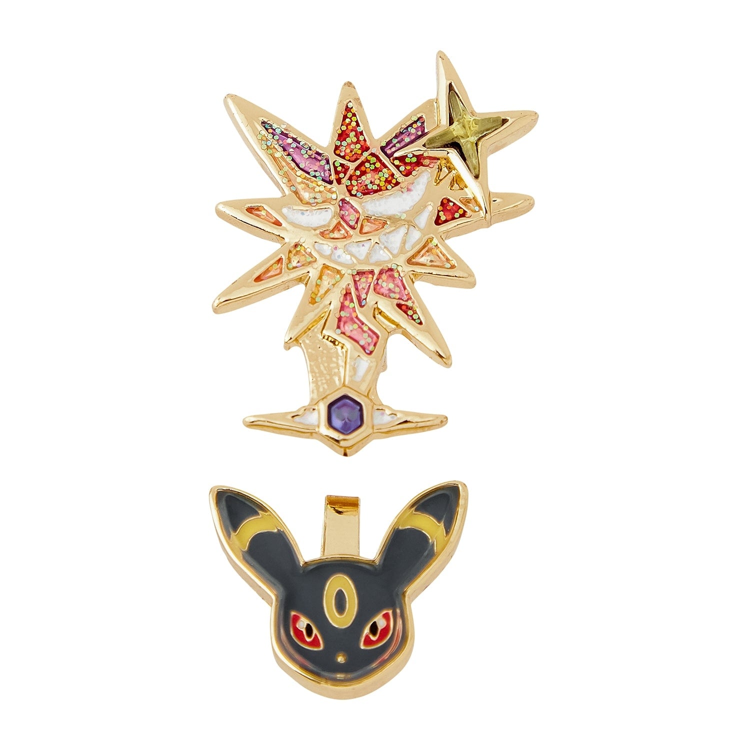 Close-up of Pokémon Aku Terrace Star Blackie earrings with intricate details from Japan