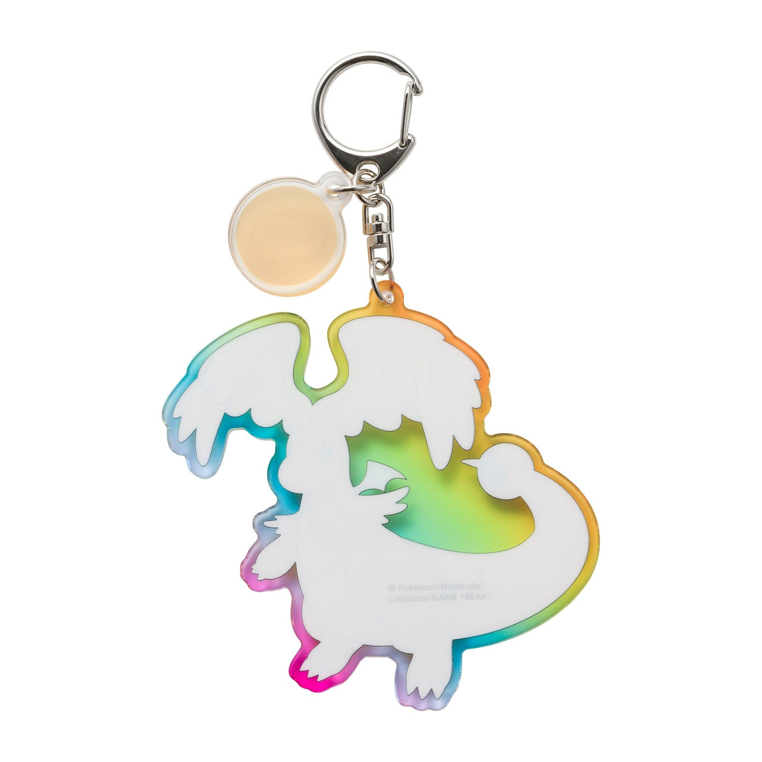 Close-up of Mega Evolution Pokemon keychain with intricate design from Japan