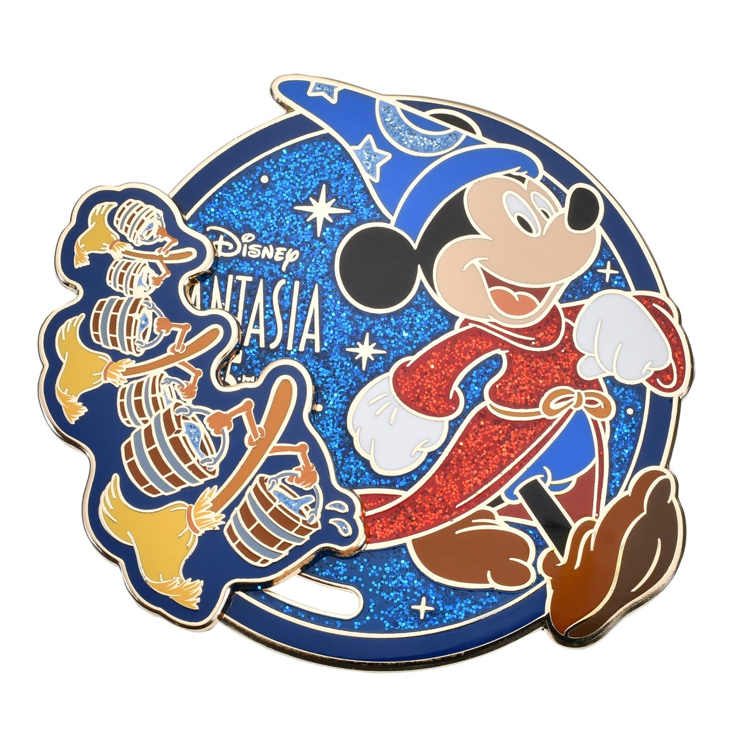Mickey & Broom Pin Badge from Disney Store Japan, featuring Mickey Mouse with a broom, collectible pin badge from Japan