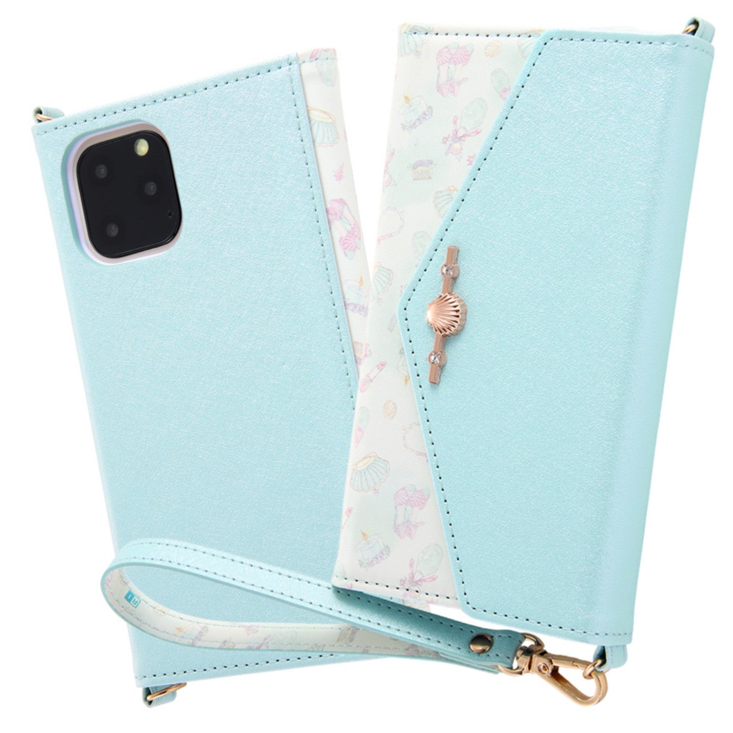 iPhone 11 Pro "Disney Character Princess"/Notebook type leather case Collet with charm + strap/Ariel
