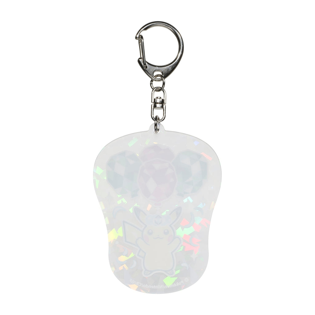 Acrylic Pikachu keychain from Pokemon Center Japan, displaying backside with official logo