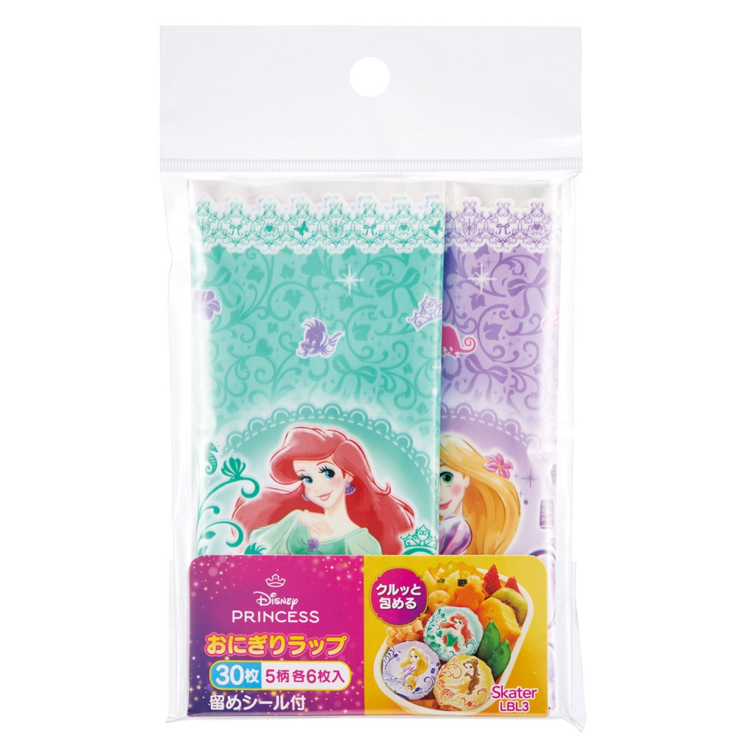 Skater Lunch Box Rice Ball Wrap, 30 Pieces, 18 x 18cm, 5 Patterns, 6 Pieces Each, Closure Sticker Included, Disney Princess, Girls, LBL3_69707