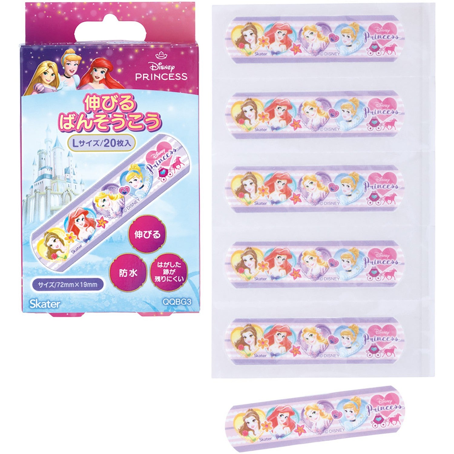 Skater Stretchable Bandage Bandage, L Size, 20 Pieces, Waterproof, Doesn't Leave Any Marks, Disney Princess, Girls, QQBG3_70923
