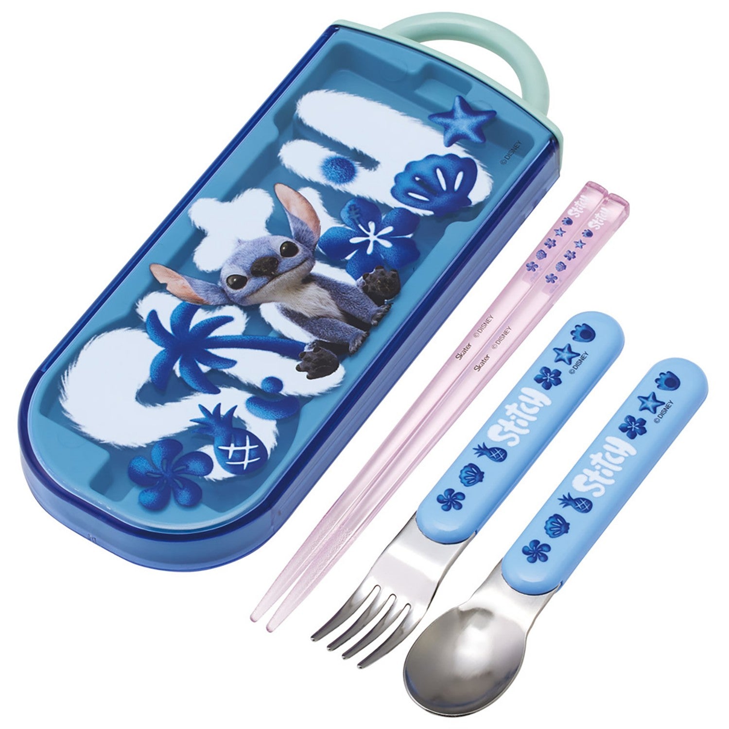 Skater Children's Lunch Box Trio Set Chopsticks Spoon Fork Kids Cutlery Antibacterial Treatment Easy to Open Sliding Type Made in Japan Lilo & Stitch TACC2AG-71120