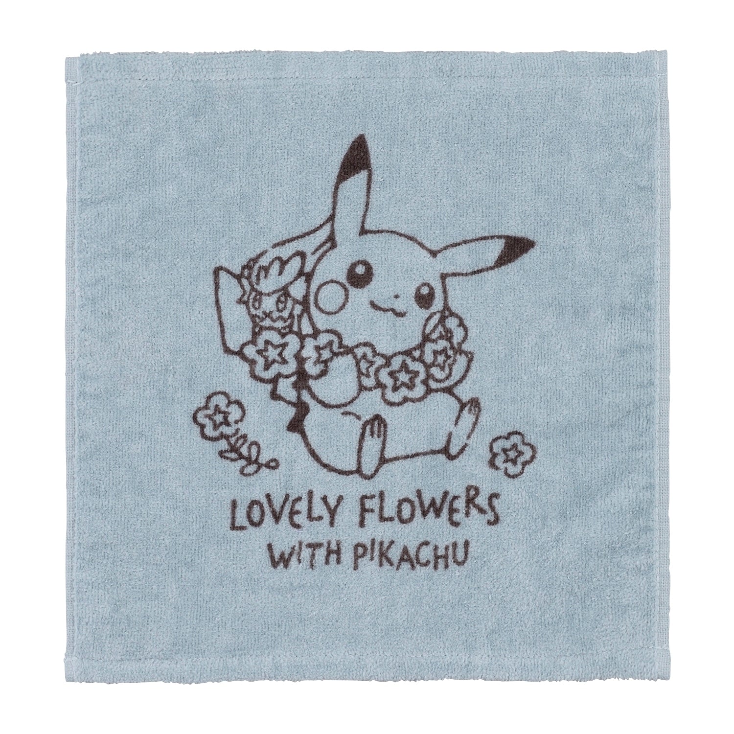 Hand towel with Lovely Flowers and Pikachu design from Japan, blue gray color