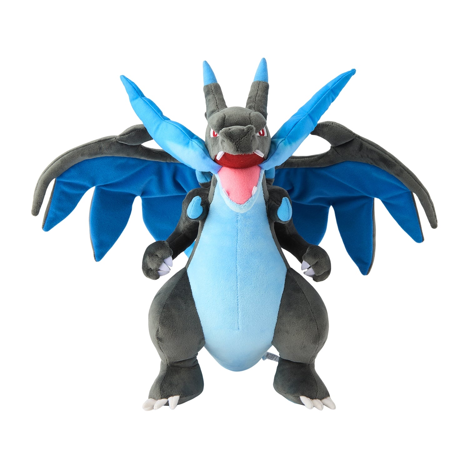 Plush Mega Charizard X from Japan, detailed wings and fiery eyes