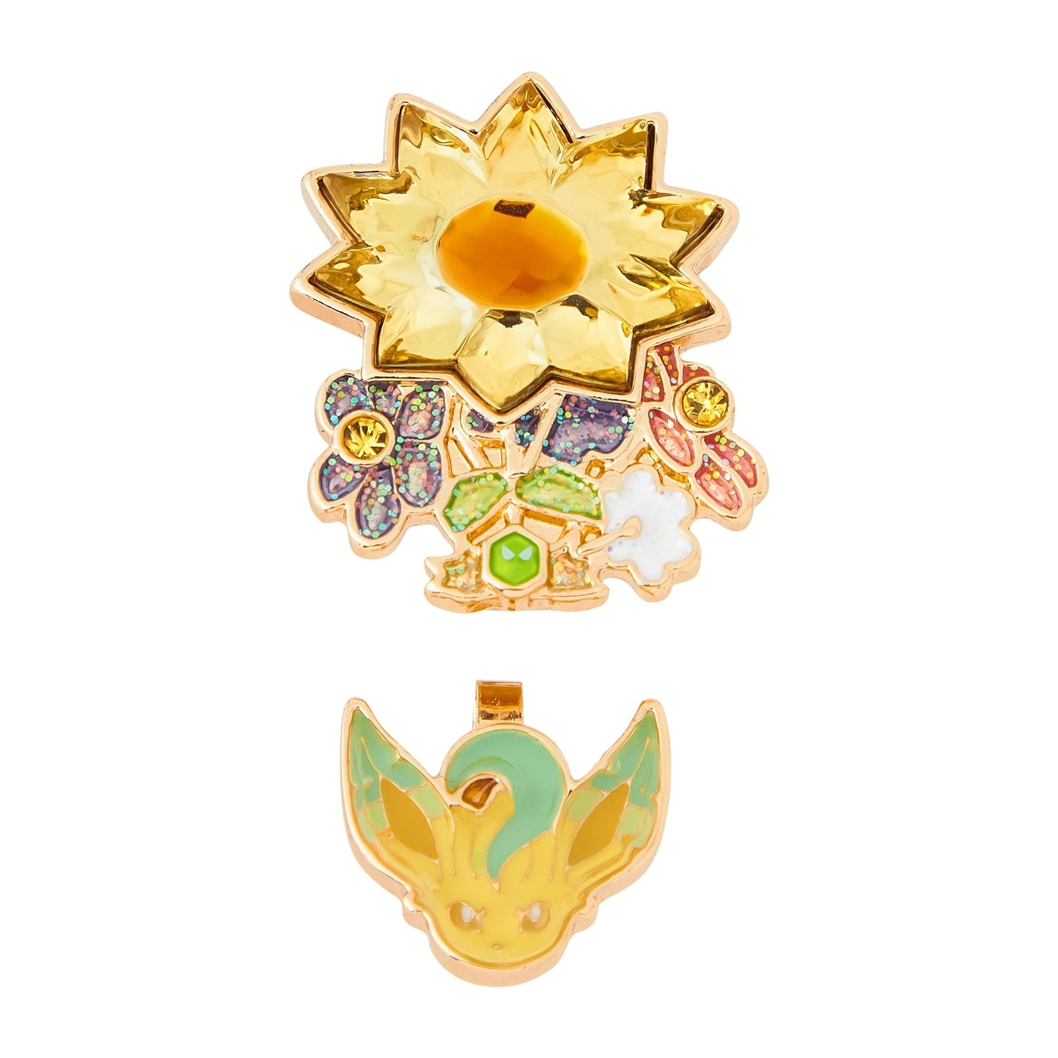 Close-up of Leafeon earrings with detailed leaf pattern from Japan