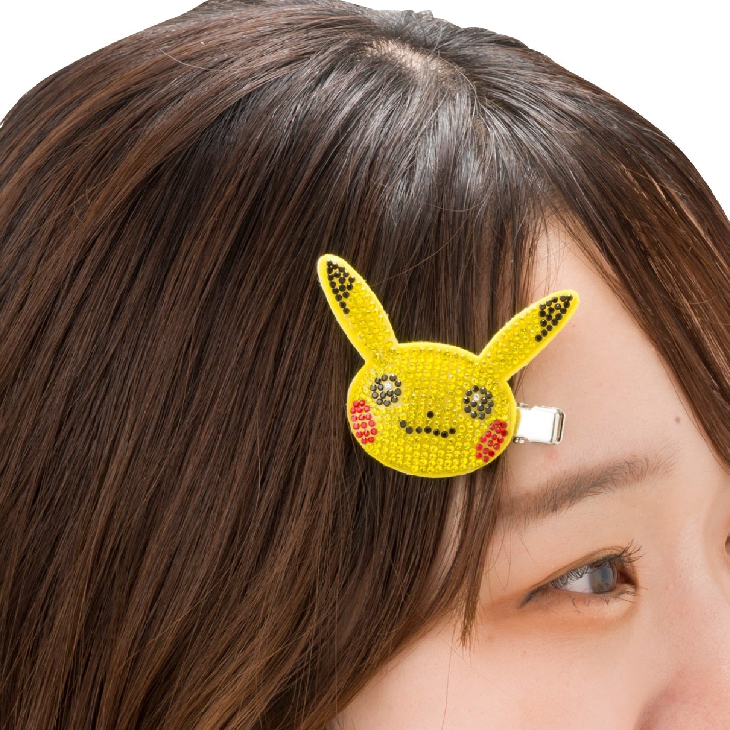 Pikachu sparkling bangs clip on a model with Japanese street fashion style