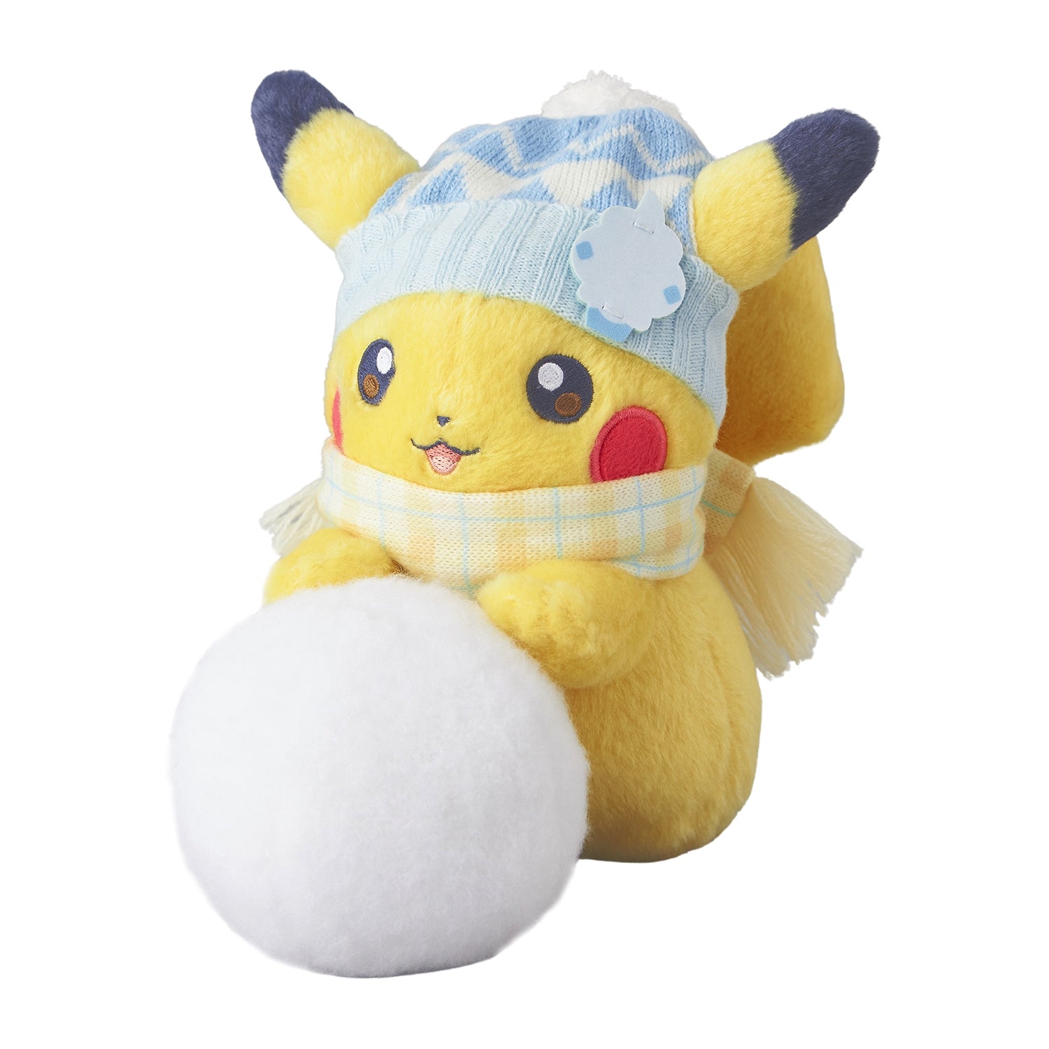Authentic Japanese Pikachu plushie, snow play scene detail