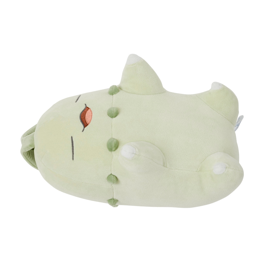 Pokémon Chikorita plushie in sleeping pose, authentic Japanese collectible