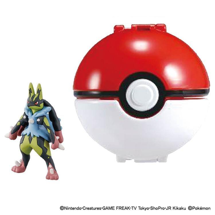 Yellow Mega Lucario figure with Monster Ball from Japan, authentic Pokemon collectible