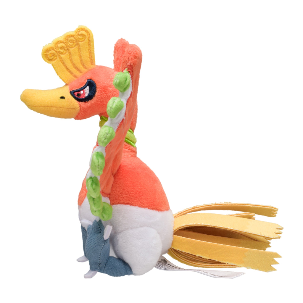 Japanese Ho-oh plush toy with shiny golden feathers and red eyes