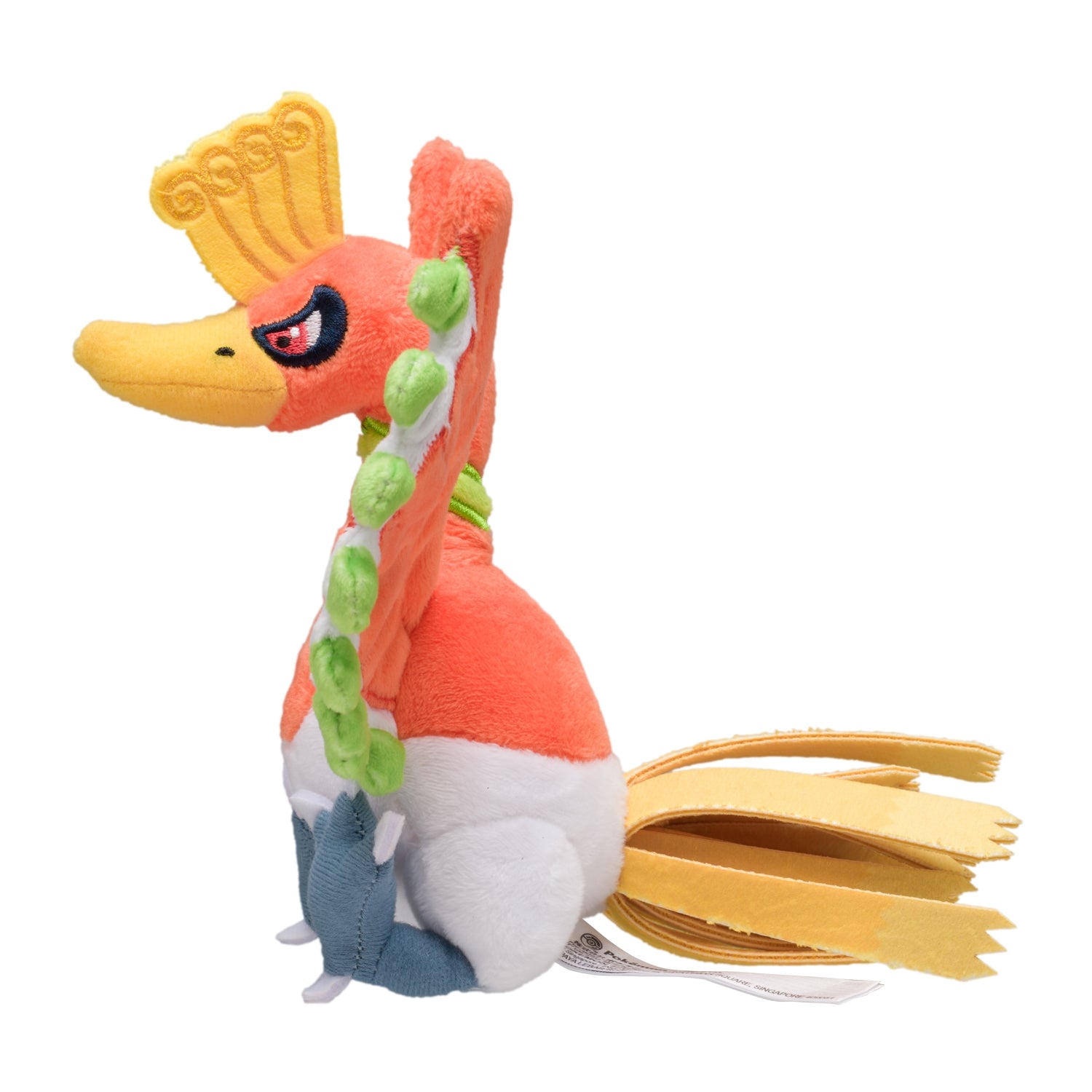 Japanese Ho-oh plush toy with shiny golden feathers and red eyes