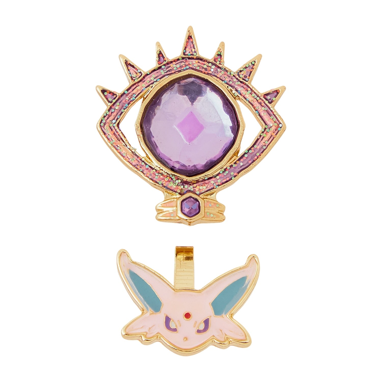 Close-up of Pokémon Esper Terra Star Efi earrings with anime-style art, made in Japan