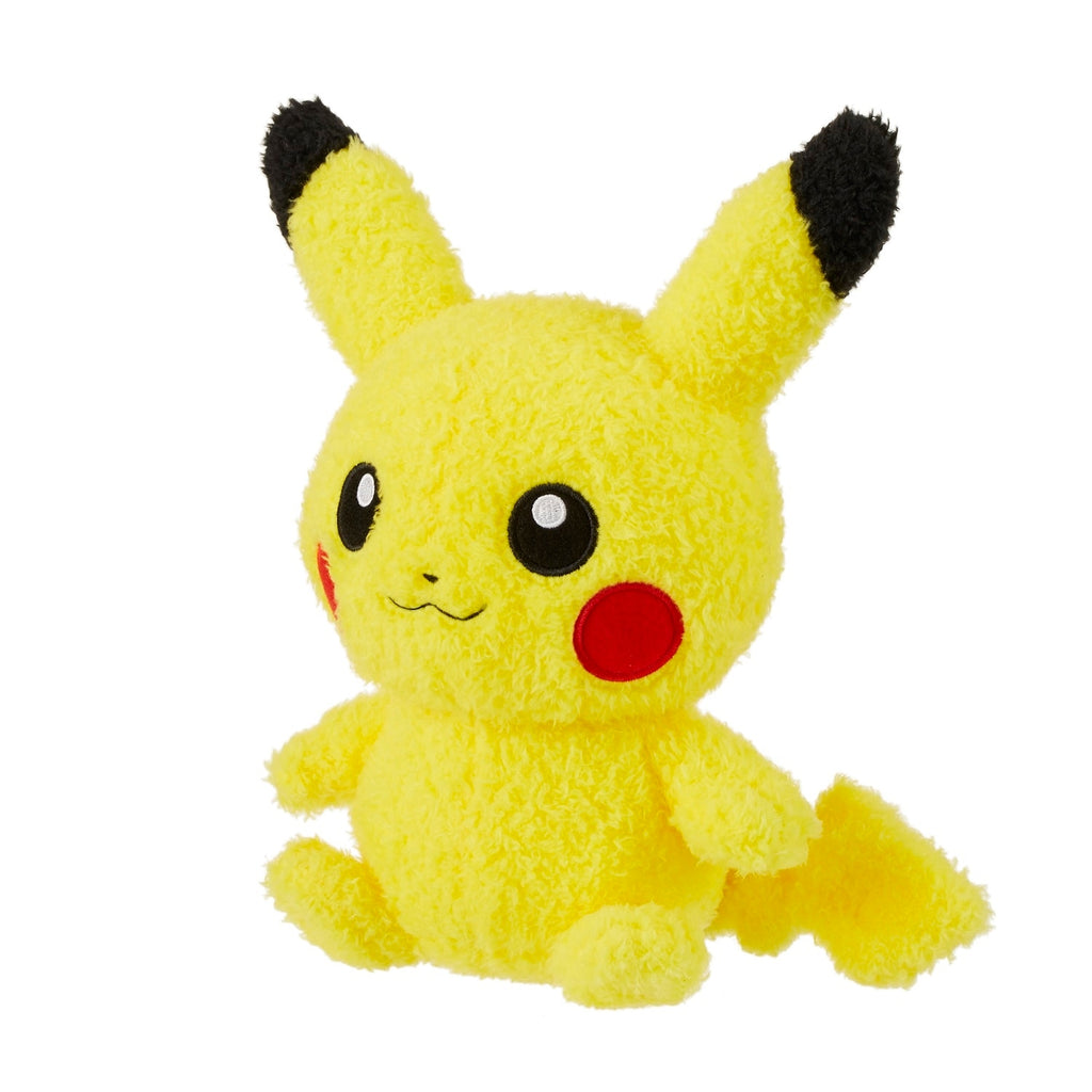 Cute Pikachu plushie with red cheeks and sparkling eyes, made in Japan