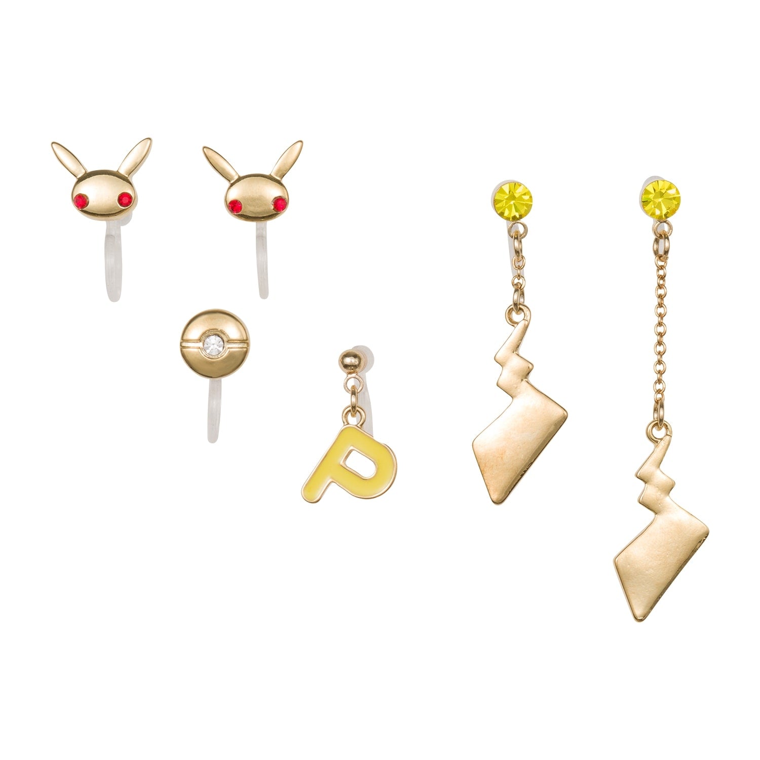 Pikachu Earrings Set from Japan, 6 pieces with yellow and brown details