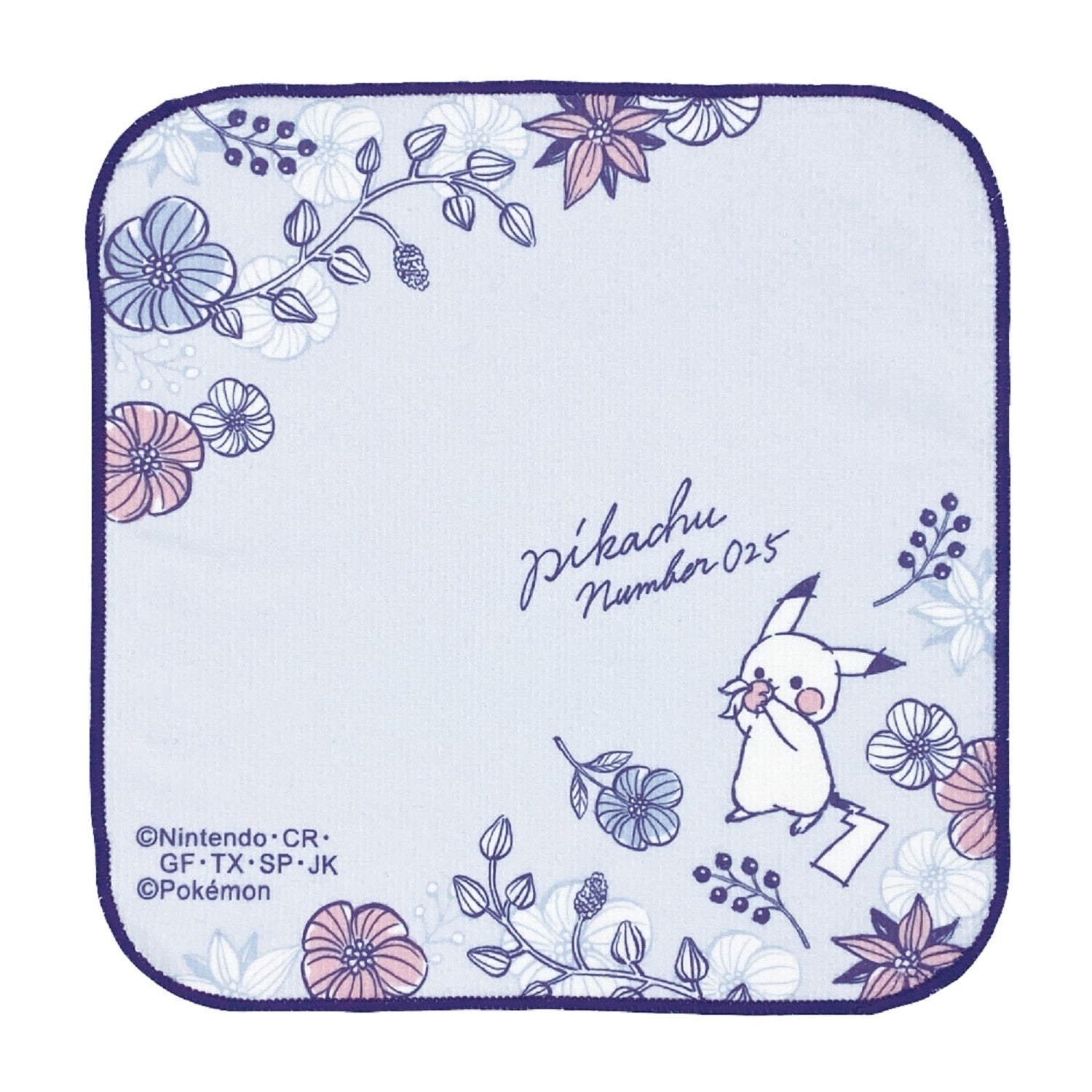 Pikachu number025 Microfiber Handkerchief from Japan, featuring Pikachu in a blue garden