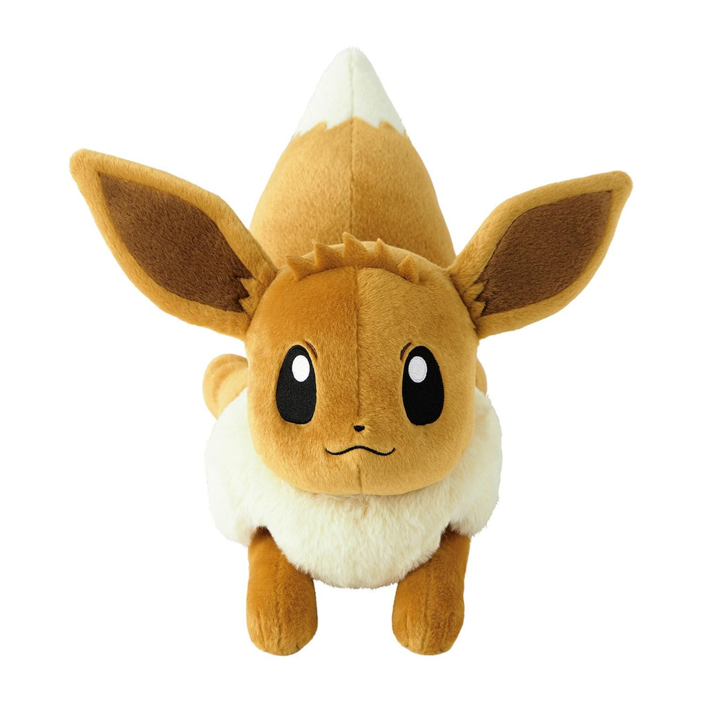 Life-size Eevee plush with soft texture, made in Japan