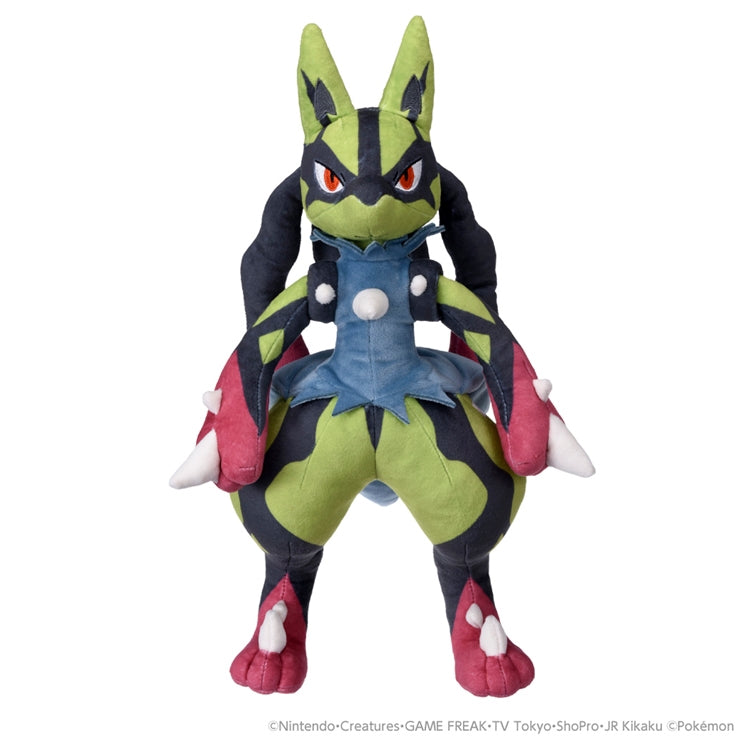 Authentic Pokemon Mega Lucario plush toy, detailed stitching and bright yellow color from Japan