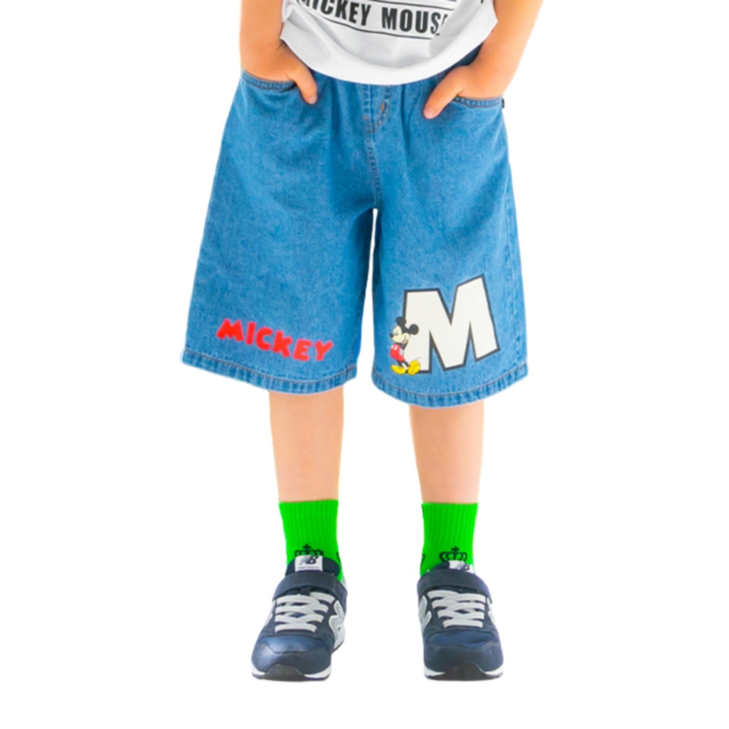 [Babydoll] Mickey Sagara Patch Denim Shorts 0469K / Baby Size Kids Bottoms Shorts Jeans Full Elastic Waist With Elastic Hole Belt Loops Fake Buttons Loose Comfortable Loose All Seasons