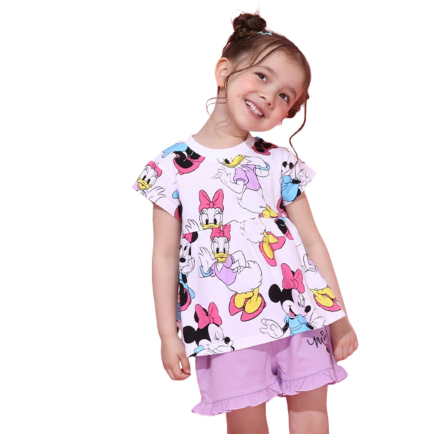 [Babydoll] Minnie Daisy Ruffle Tunic & Shorts 2 Piece Set 0472K / Baby Size Kids Tops Bottoms Short Sleeves Shorts Shorts Full Elastic Waist With Elastic Hole Top and Bottom Setup Coordination Set