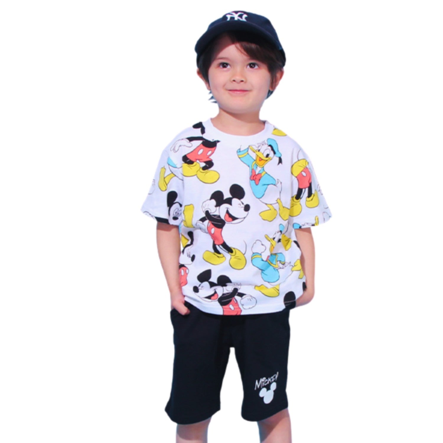 [Babydoll] Mickey Donald all over pattern T-shirt & shorts 2-piece set 0482K / Baby size kids tops bottoms short sleeves shorts shorts full elastic waist with elastic holes top and bottom setup coordination set