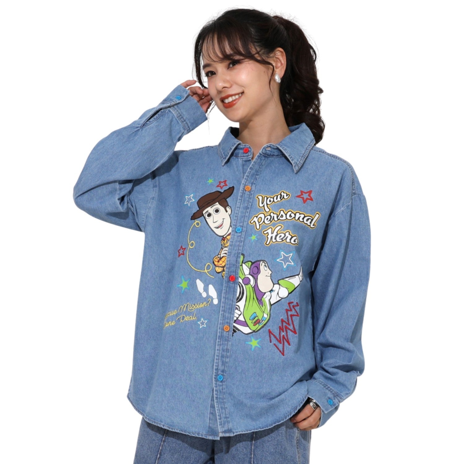 [Baby Doll] Woody Buzz Parent and Child Matching Character Embroidery Shirt 0732A / Adult Unisex Unisex Link Coordination Matching Look Parent and Child Coordination Tops Long Sleeve Denim Shirt Cover-up
